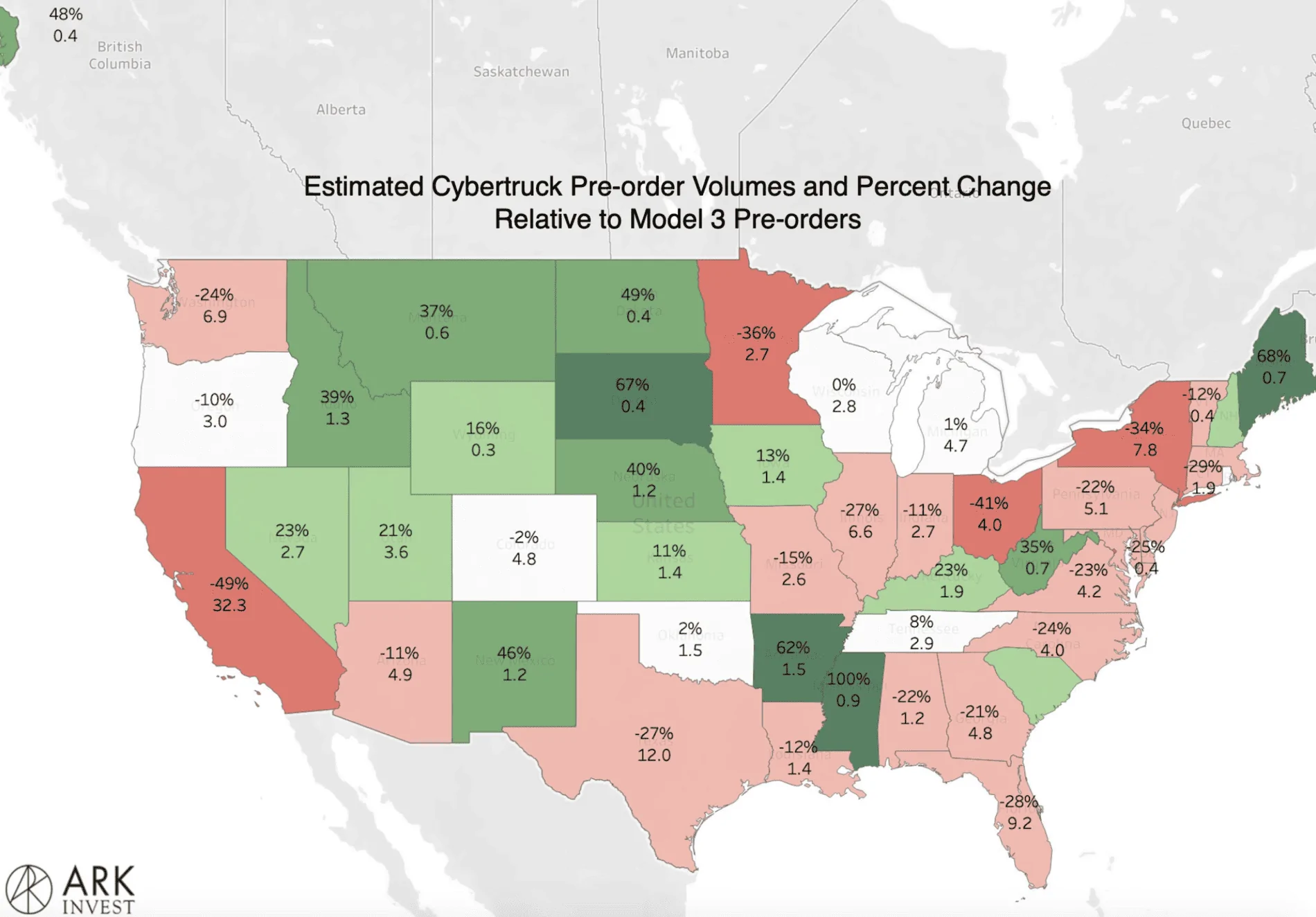 Tesla Cybertruck Cybertruck preorder popularity map (compared to Model 3) Tesla Cybertruck pre-order interest