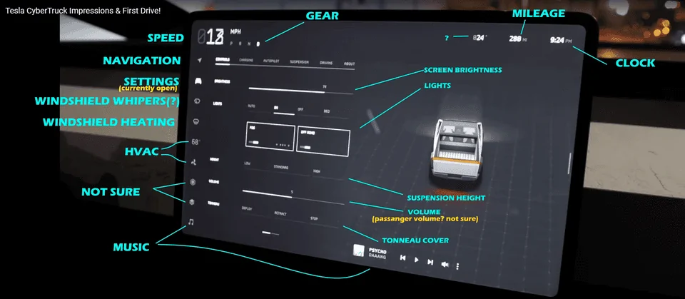 Tesla Cybertruck Clear look at Cybertruck touchscreen display UI showing functions and features 1576869344184