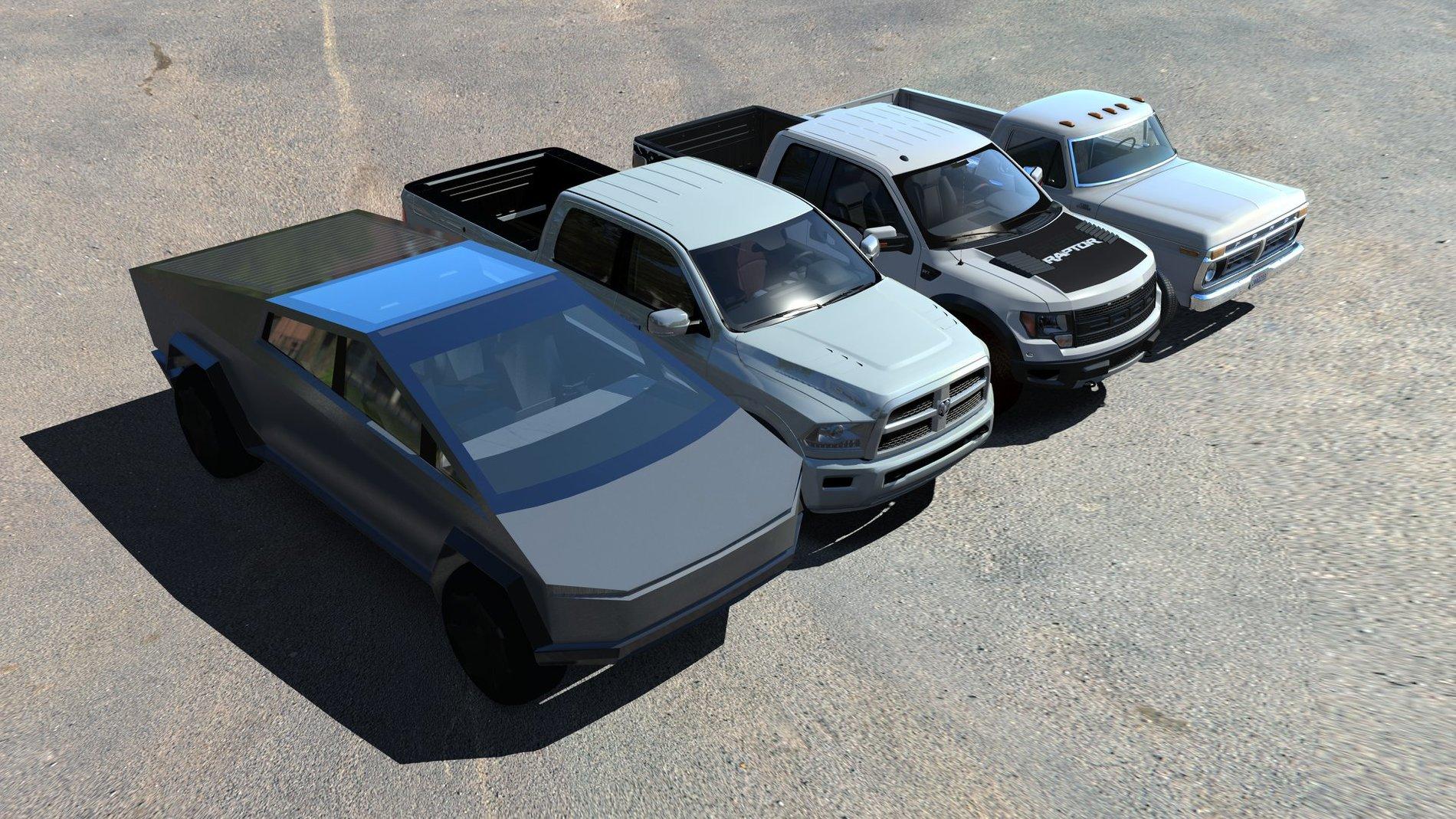 Tesla Cybertruck Cybertruck imagined side-by-side with F-150 Raptor, Ram and classic pickup Tesla Cybertruck vs Ram and F-150 1