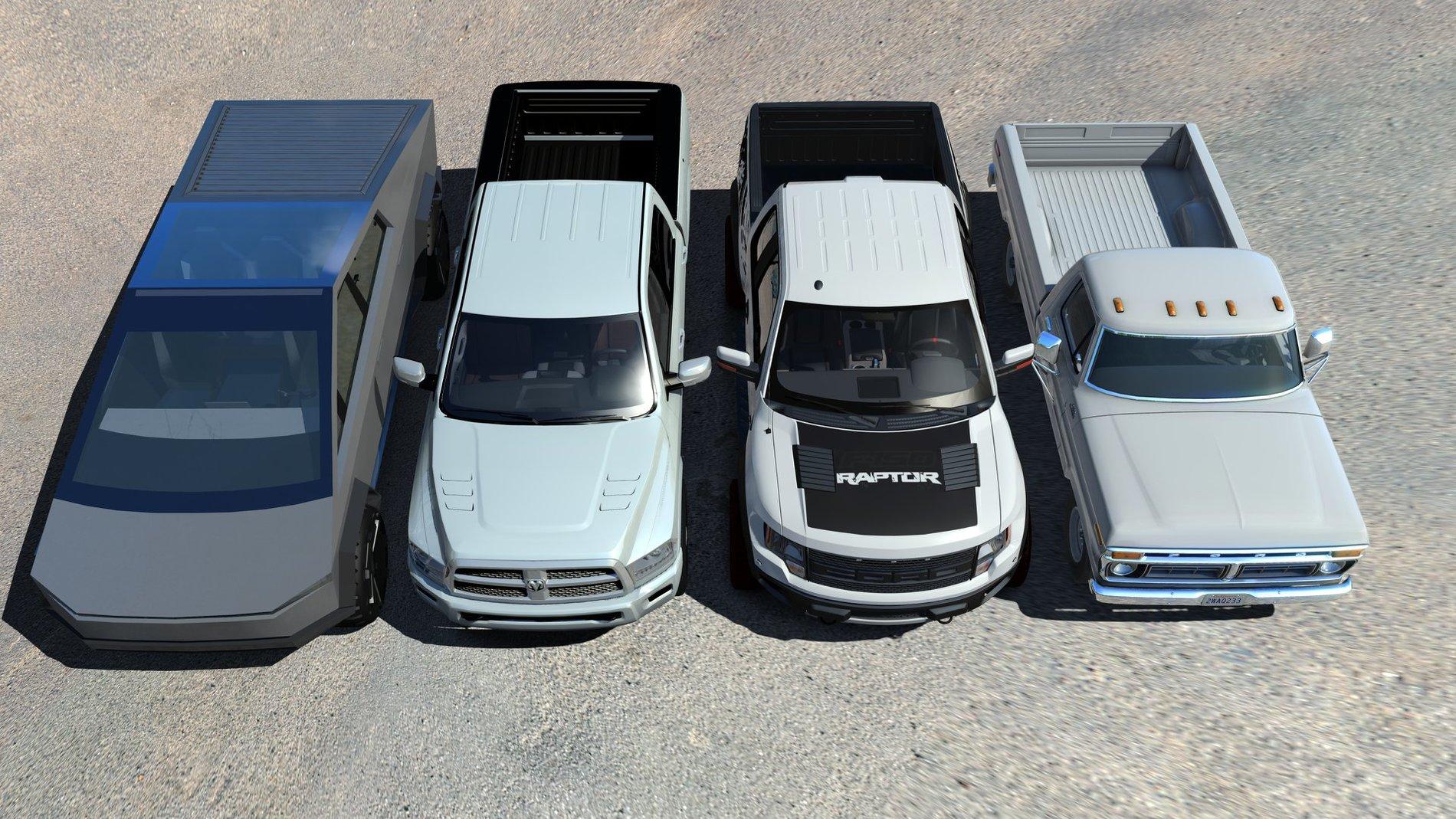 Tesla Cybertruck Cybertruck imagined side-by-side with F-150 Raptor, Ram and classic pickup Tesla Cybertruck vs Ram and F-150 2