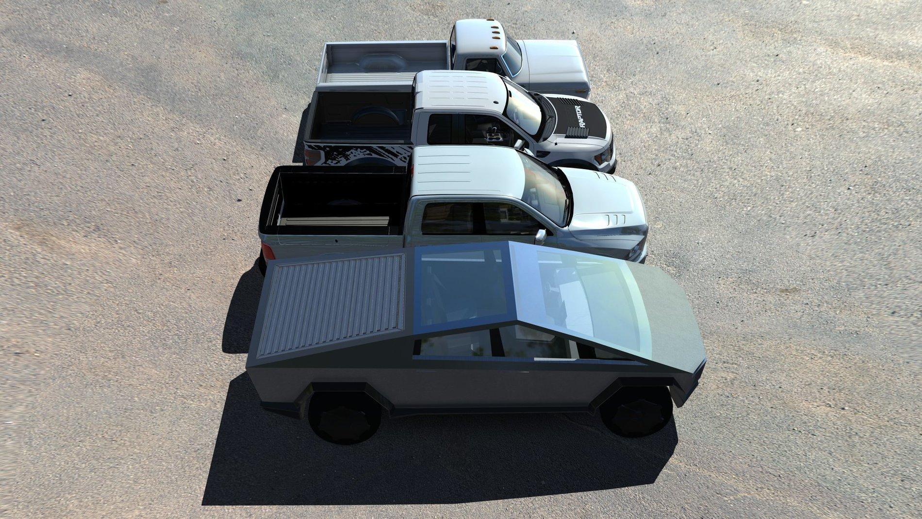 Tesla Cybertruck Cybertruck imagined side-by-side with F-150 Raptor, Ram and classic pickup Tesla Cybertruck vs Ram and F-150 3