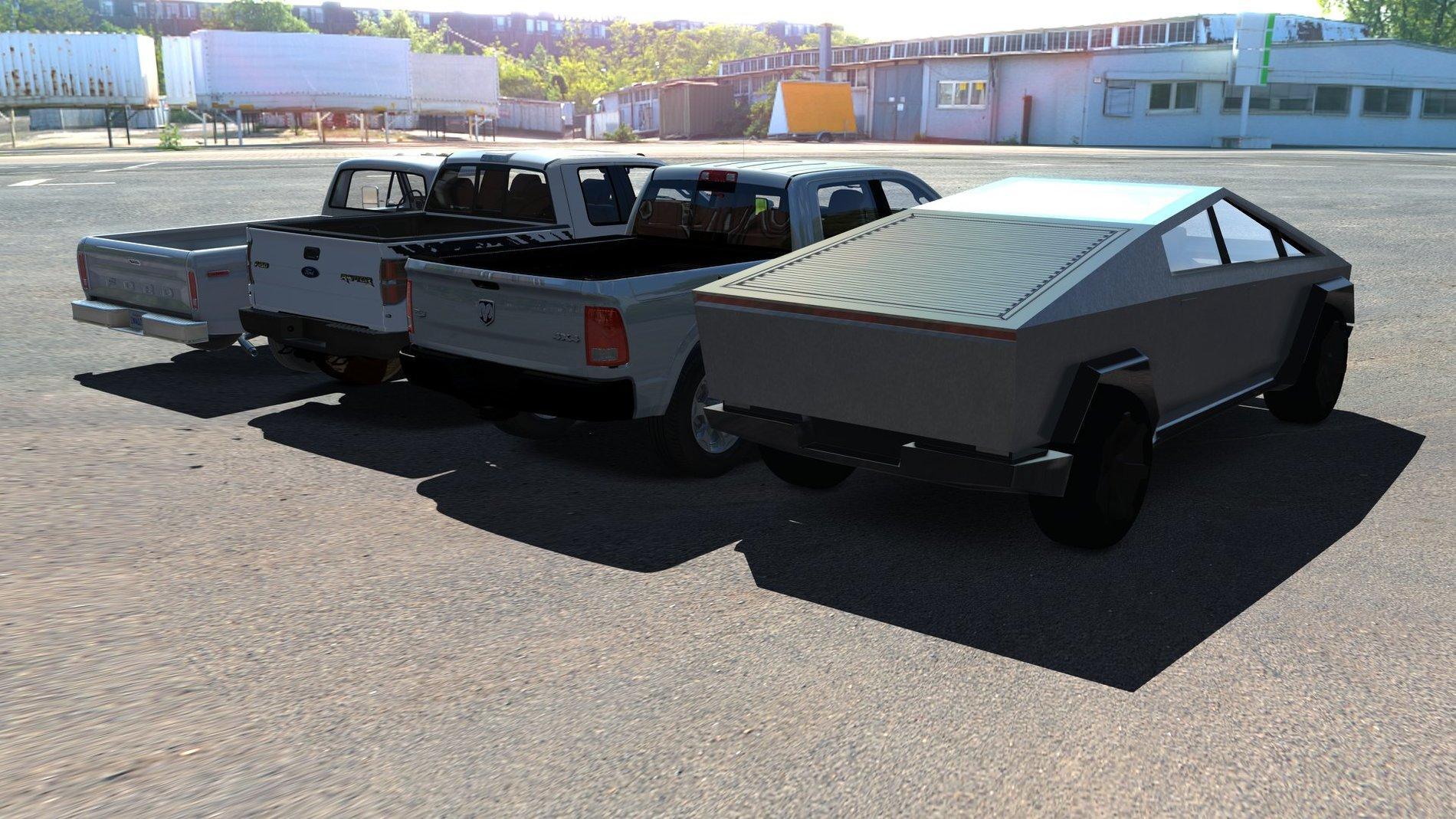 Tesla Cybertruck Cybertruck imagined side-by-side with F-150 Raptor, Ram and classic pickup Tesla Cybertruck vs Ram and F-150 4