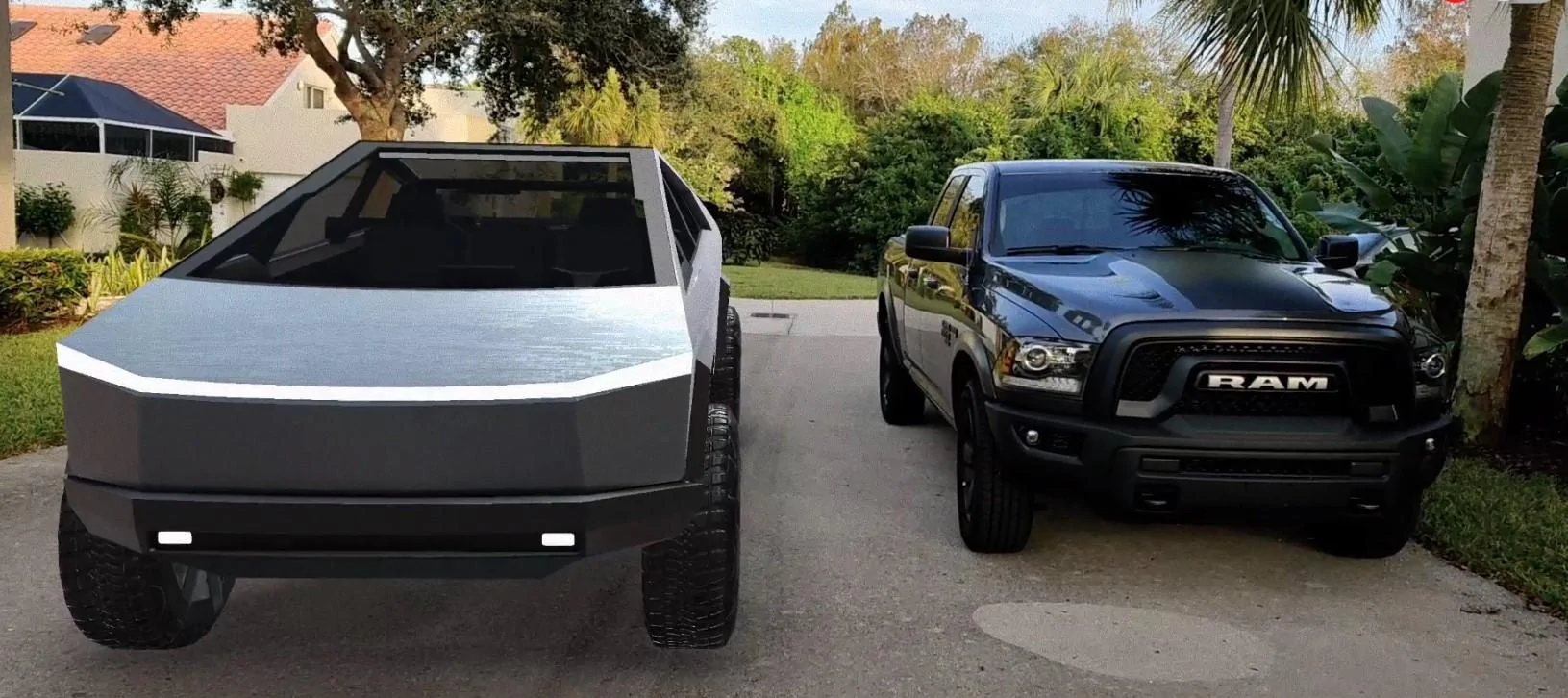 Tesla Cybertruck Cybertruck imagined side-by-side with F-150 Raptor, Ram and classic pickup next to Tom's