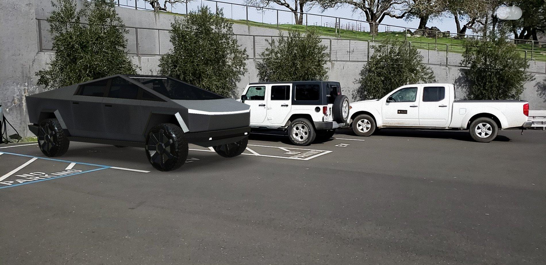 Tesla Cybertruck Cybertruck imagined side-by-side with F-150 Raptor, Ram and classic pickup Screenshot_20200129-115522_AR Cybertruck