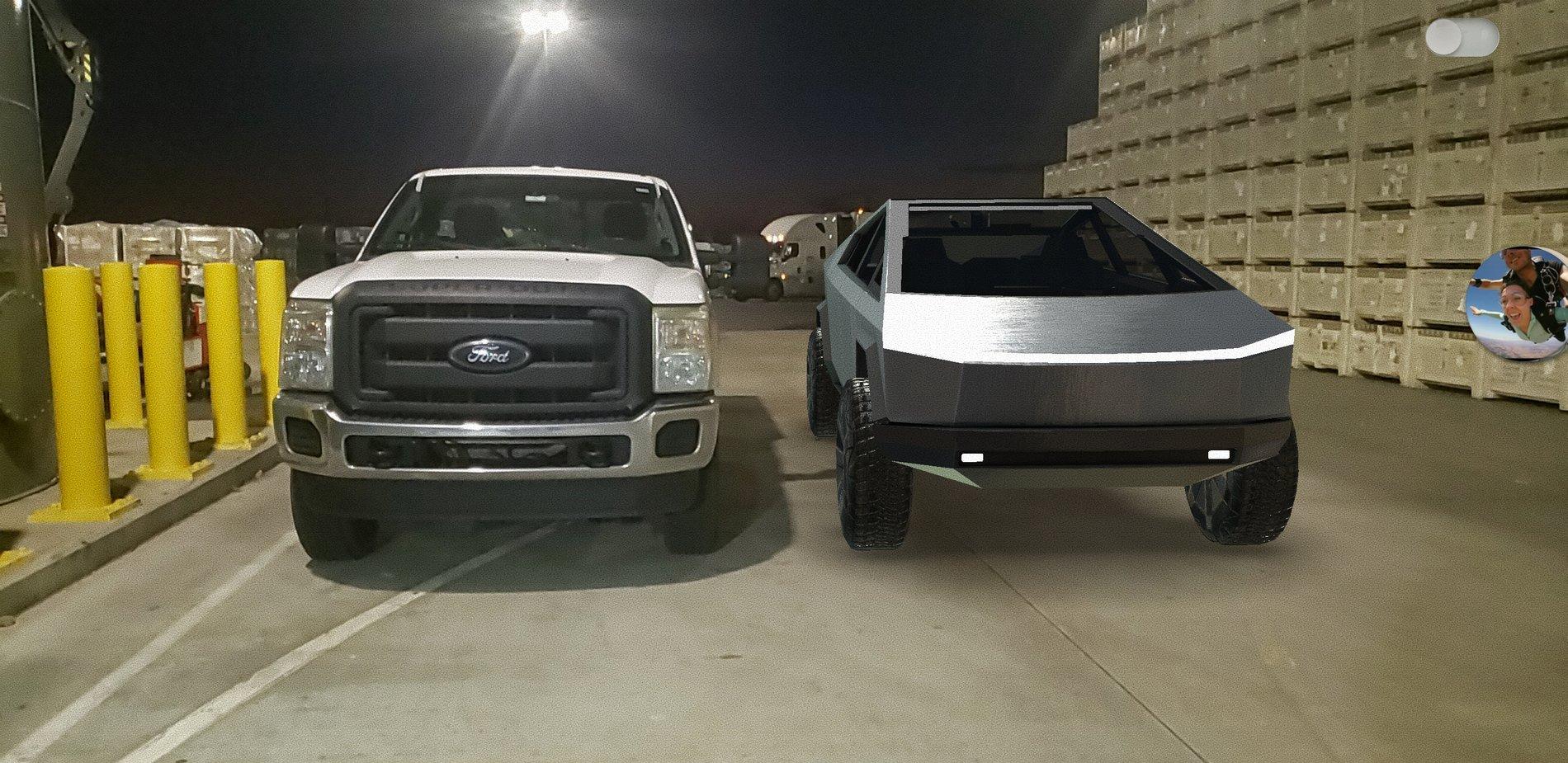 Tesla Cybertruck Cybertruck imagined side-by-side with F-150 Raptor, Ram and classic pickup Screenshot_20200127-181208_AR Cybertruck
