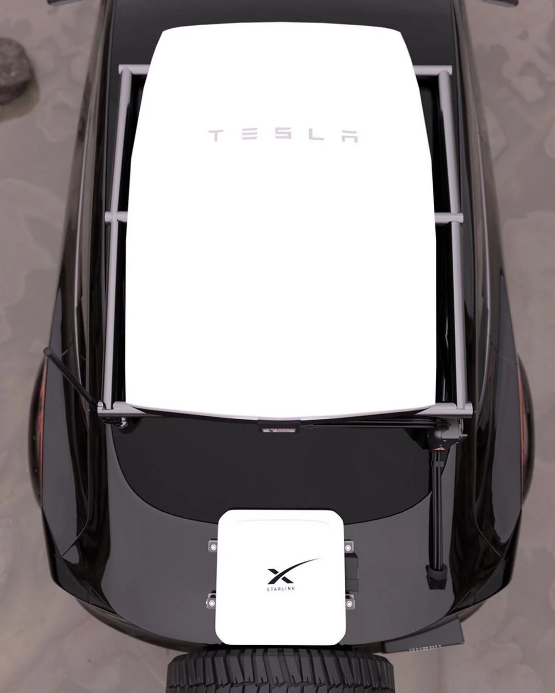 Tesla Cybertruck Powerwall 2 in vault of Cybertruck...easy range upgrade. tesla-model-3-mall-crawler-has-powerwall-on-the-roof_1