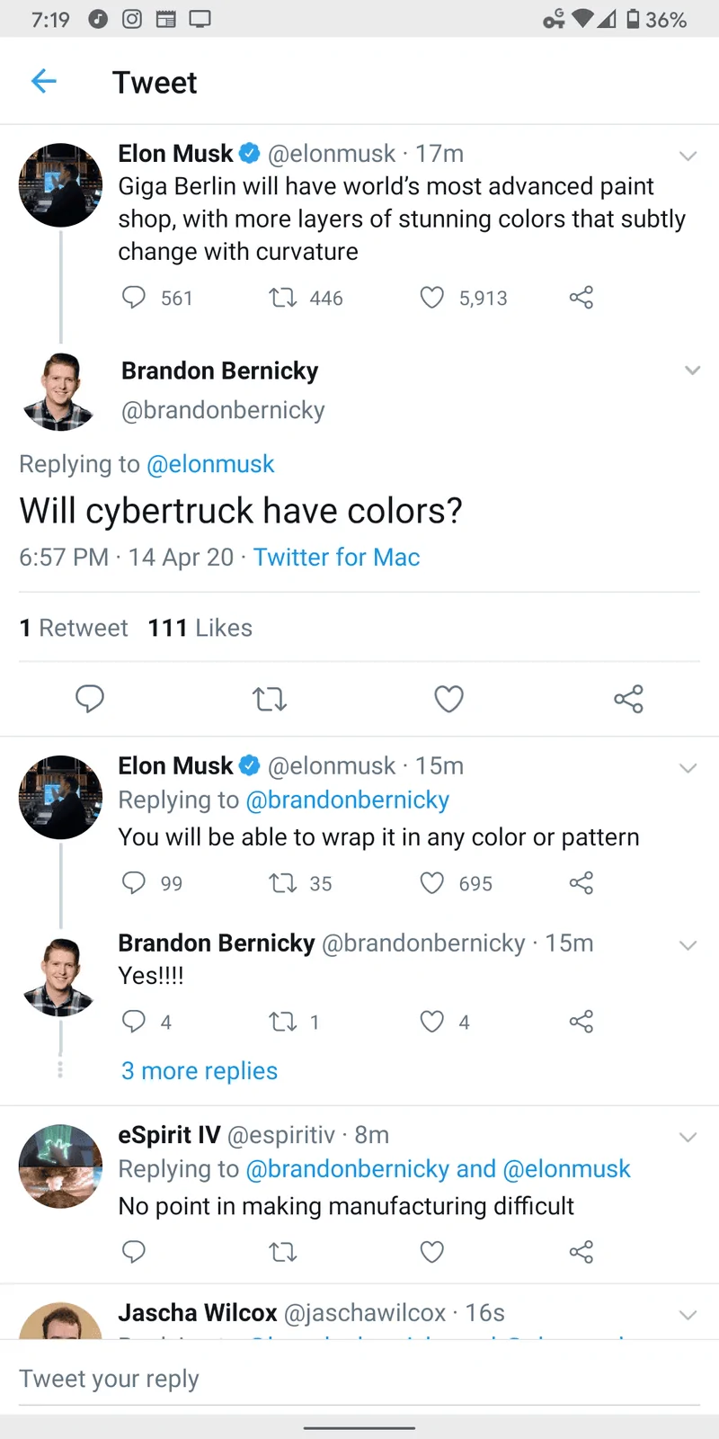 Tesla Cybertruck Elon Confirmed: Cybertruck Colors Options Will Require Wrap Screenshot_20200414-191928