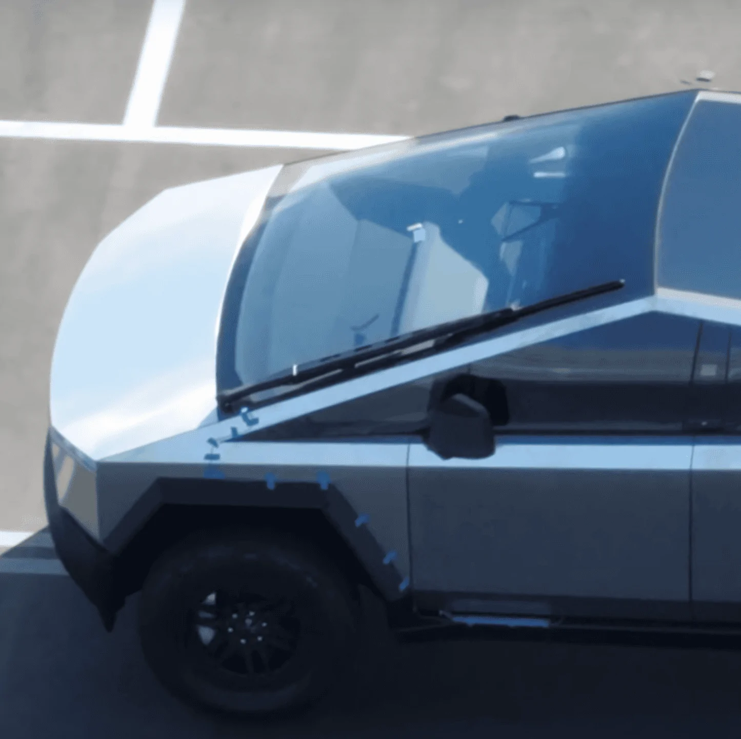 Tesla Cybertruck ? [Update: NOT Production Wiper] New Cybertruck design spied! Shortened front, no door handles, side mirrors, curved windshield glass! [Dec. 10] Round Frunk