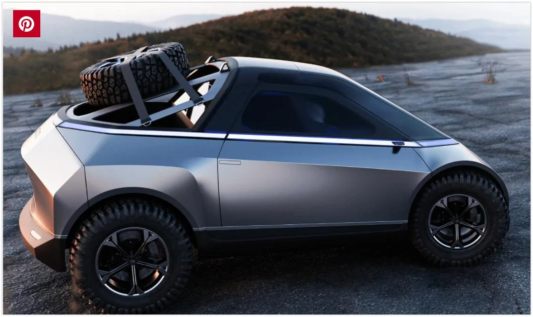 Tesla Cybertruck HYUNDAI EGG COMPACT PICKUP TRUCK with spare tire. Hyundai EGG compact pickup truck carries a miniature Cybertruck vibe - Yanko Design 2022-01-0