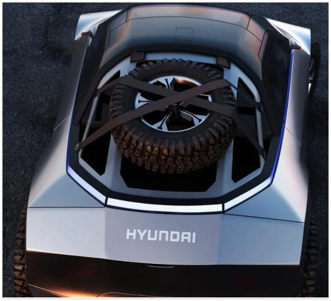 Tesla Cybertruck HYUNDAI EGG COMPACT PICKUP TRUCK with spare tire. Hyundai EGG compact pickup truck carries a miniature Cybertruck vibe - Yanko Design 2022-01-0