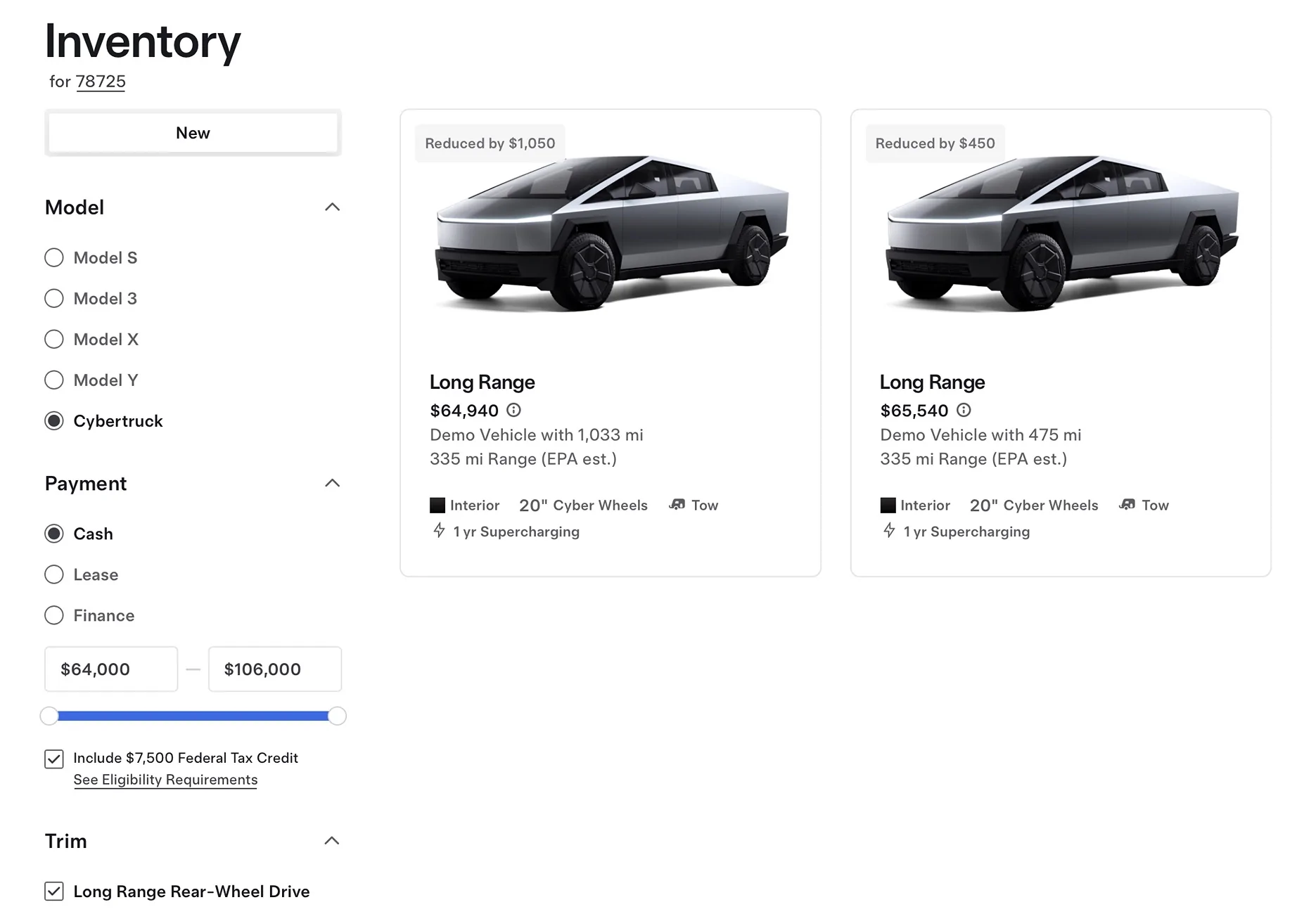 Tesla Cybertruck Long Range RWD Cybertruck launched!  362 miles range w/ soft tonneau ($62,490 w/ tax credit) RWDs
