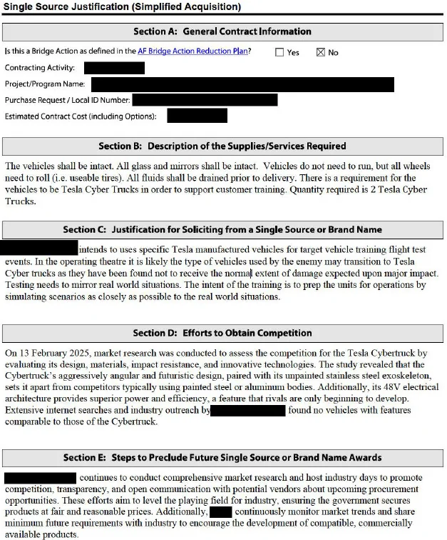 Tesla Cybertruck US Air Force wants to purchase Cybertrucks for munitions testing due to its unique features & toughness cybertruck-range-target-justification