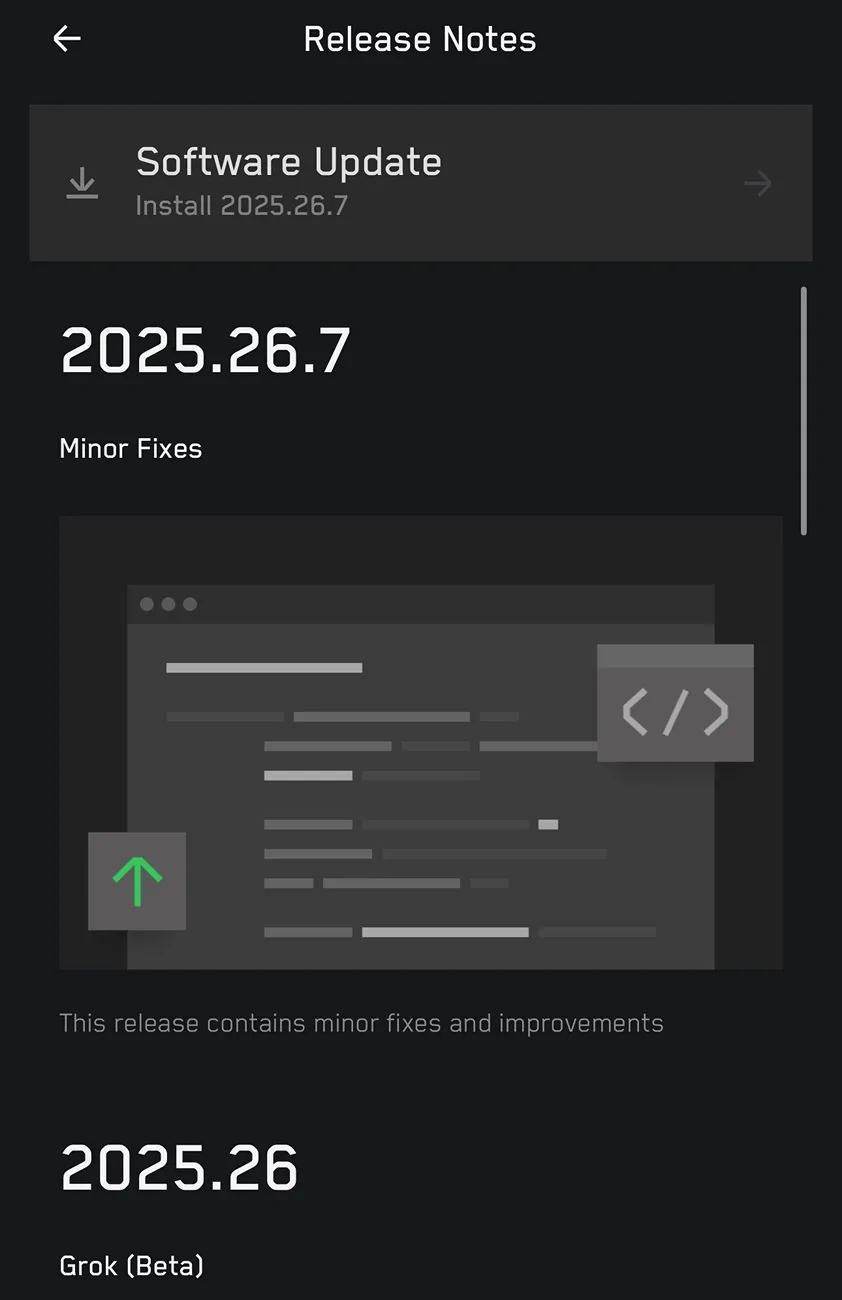 Tesla Cybertruck 2025.26.7 update available for me, minor fixes only 1755143438393-nu