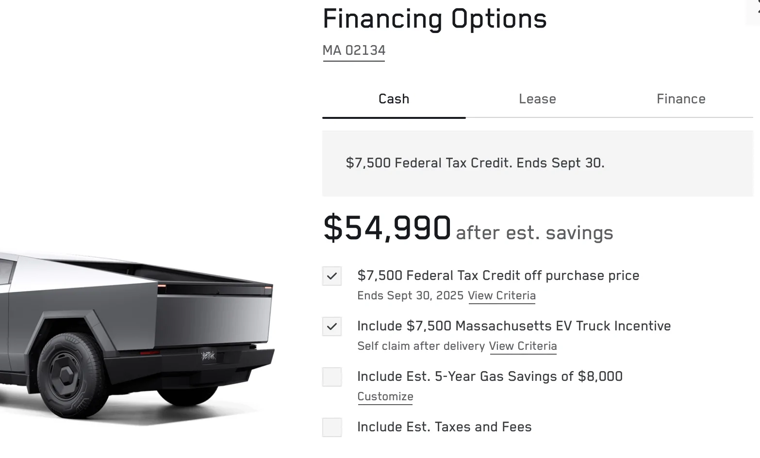 Tesla Cybertruck Cybertruck qualifies for $7500 in Massachusetts incentives, bringing price down to $55K by default 2025-08-22 at 1.44.15 PM