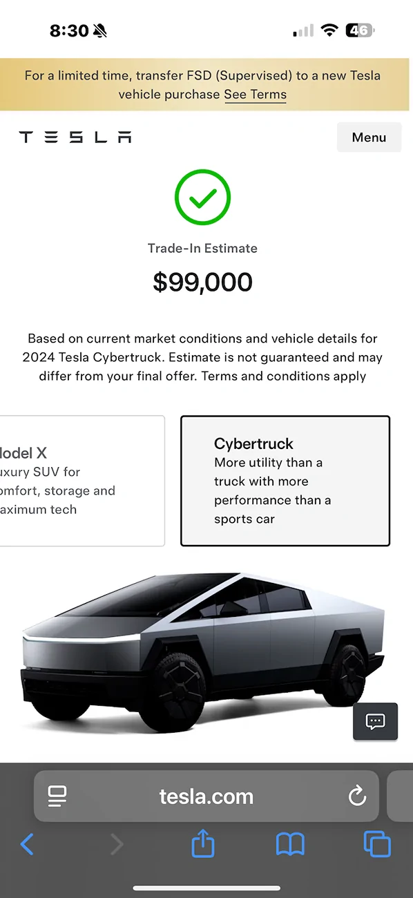 Tesla Cybertruck Tesla offering $99,000 trade-in on my 2024 FS AWD Cybertruck IMG_3851