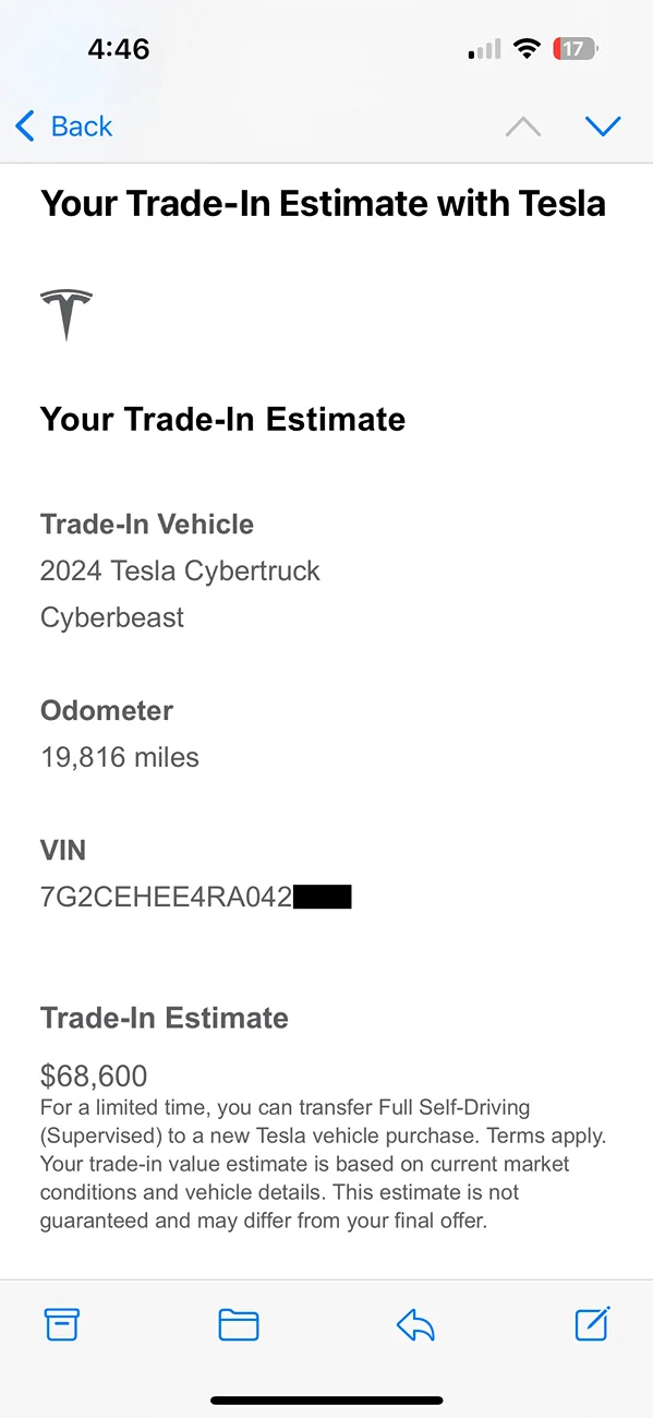 Tesla Cybertruck Tesla offering $99,000 trade-in on my 2024 FS AWD Cybertruck IMG_0491