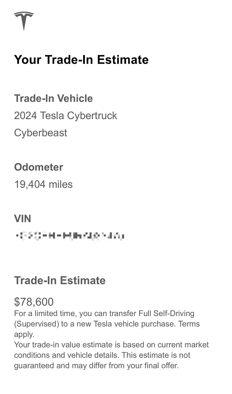Tesla Cybertruck Tesla offering $99,000 trade-in on my 2024 FS AWD Cybertruck IMG_3802