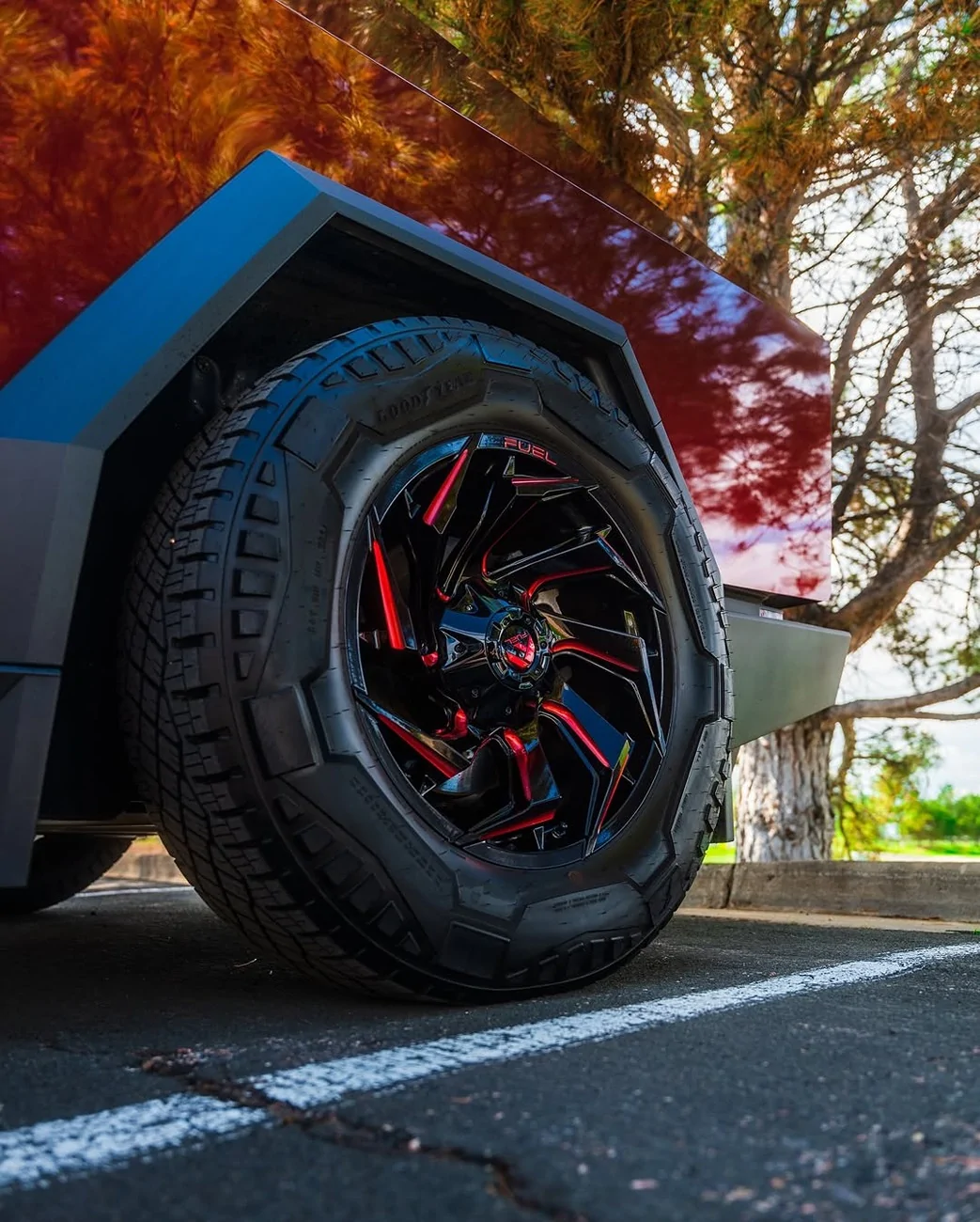 Tesla Cybertruck Pure PPF Metallic Redhood Cybertruck by Mile High Customs SaveClip.App_543587846_18396230032188927_491404832288409039_n