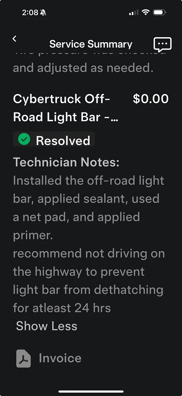 Tesla Cybertruck Breaking:  Light Bar Installs on Hold Confirmed by Tesla Screenshot 2025-09-10 at 2.08.21 PM