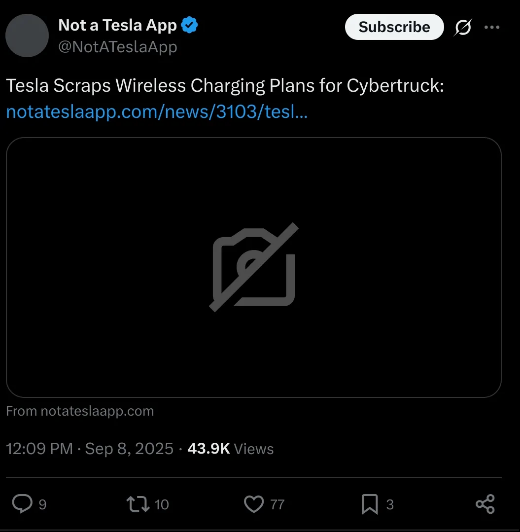 Tesla Cybertruck Wireless Charging not coming to Cybertruck (says lead engineer Wes Morrill) SmartSelect_20250911_054023_Firefox