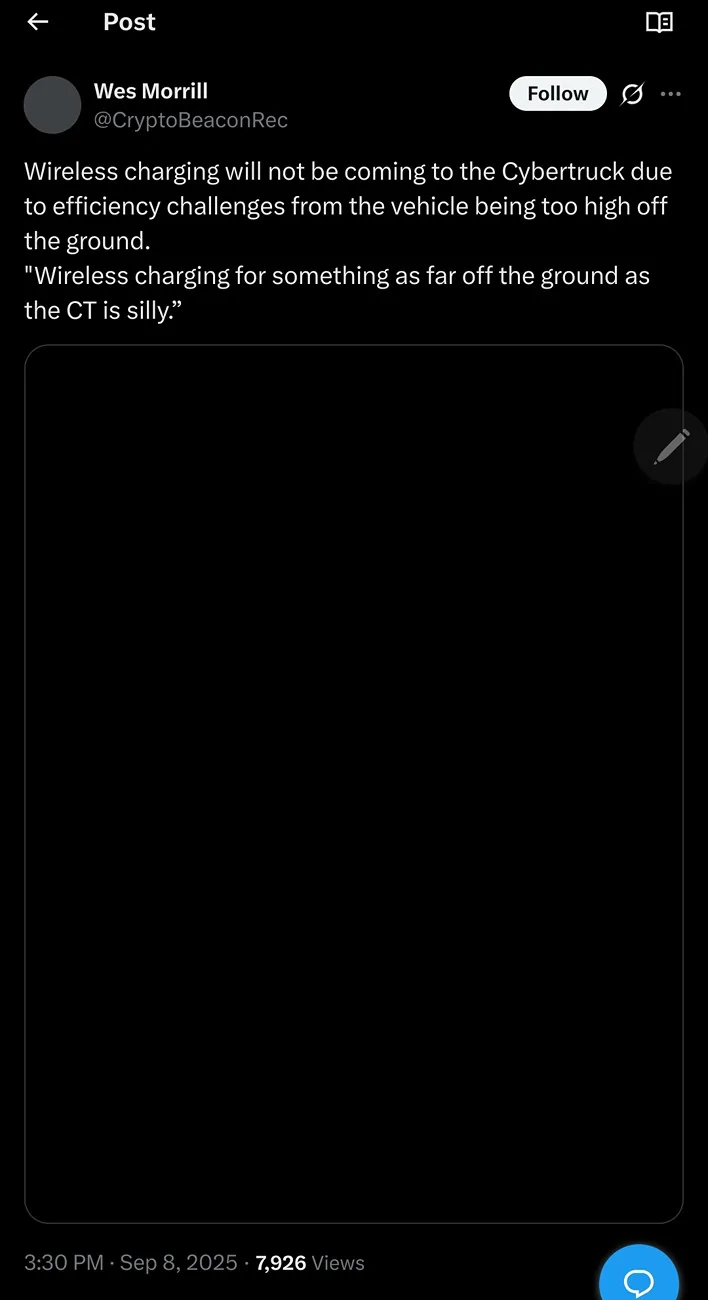 Tesla Cybertruck Wireless Charging not coming to Cybertruck (says lead engineer Wes Morrill) Screenshot_20250910_191611_Firefox