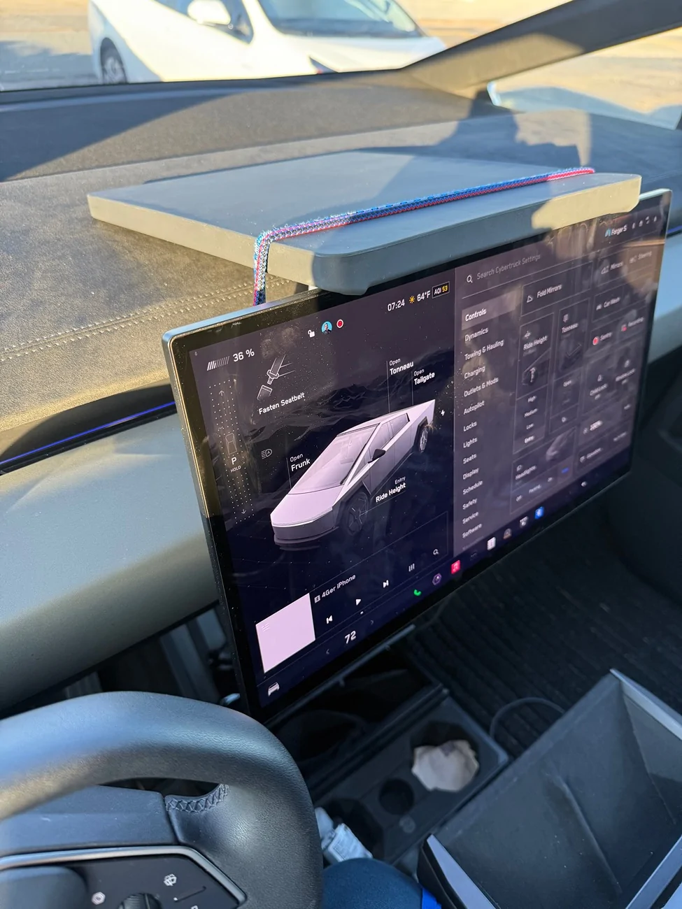 Tesla Cybertruck Starlink mini mount strapped down behind display screen — LATEST on what is working for me on my biz road trip IMG_4371