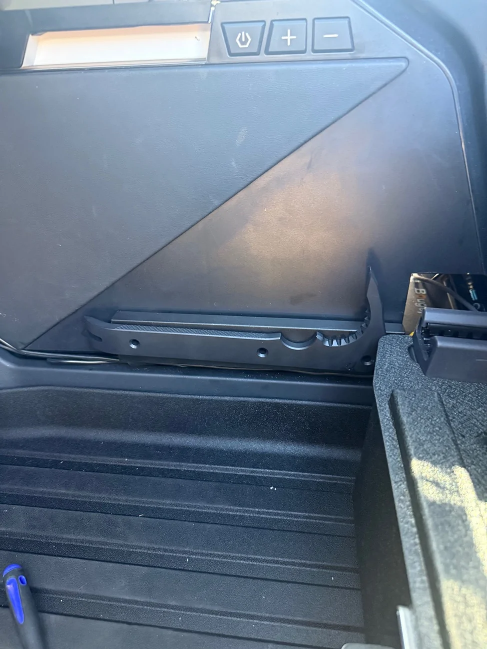 Tesla Cybertruck Drilling through accessory console safe IMG_6281
