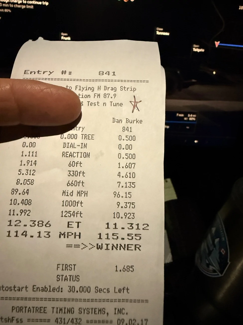 Tesla Cybertruck Drag race time from Flying H Drag Strip IMG_9854