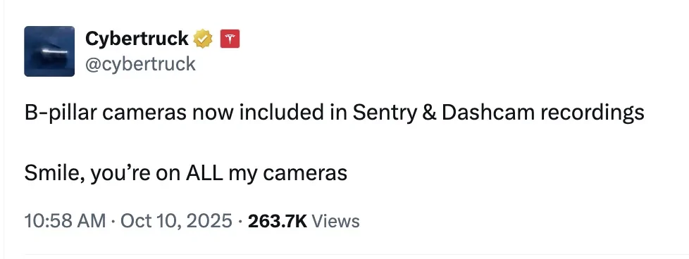 Tesla Cybertruck B-Pillar Recording (Sentry Mode and Dashcam) finally here for Cybertruck in latest update Screenshot 2025-10-10 at 1.50.40 PM