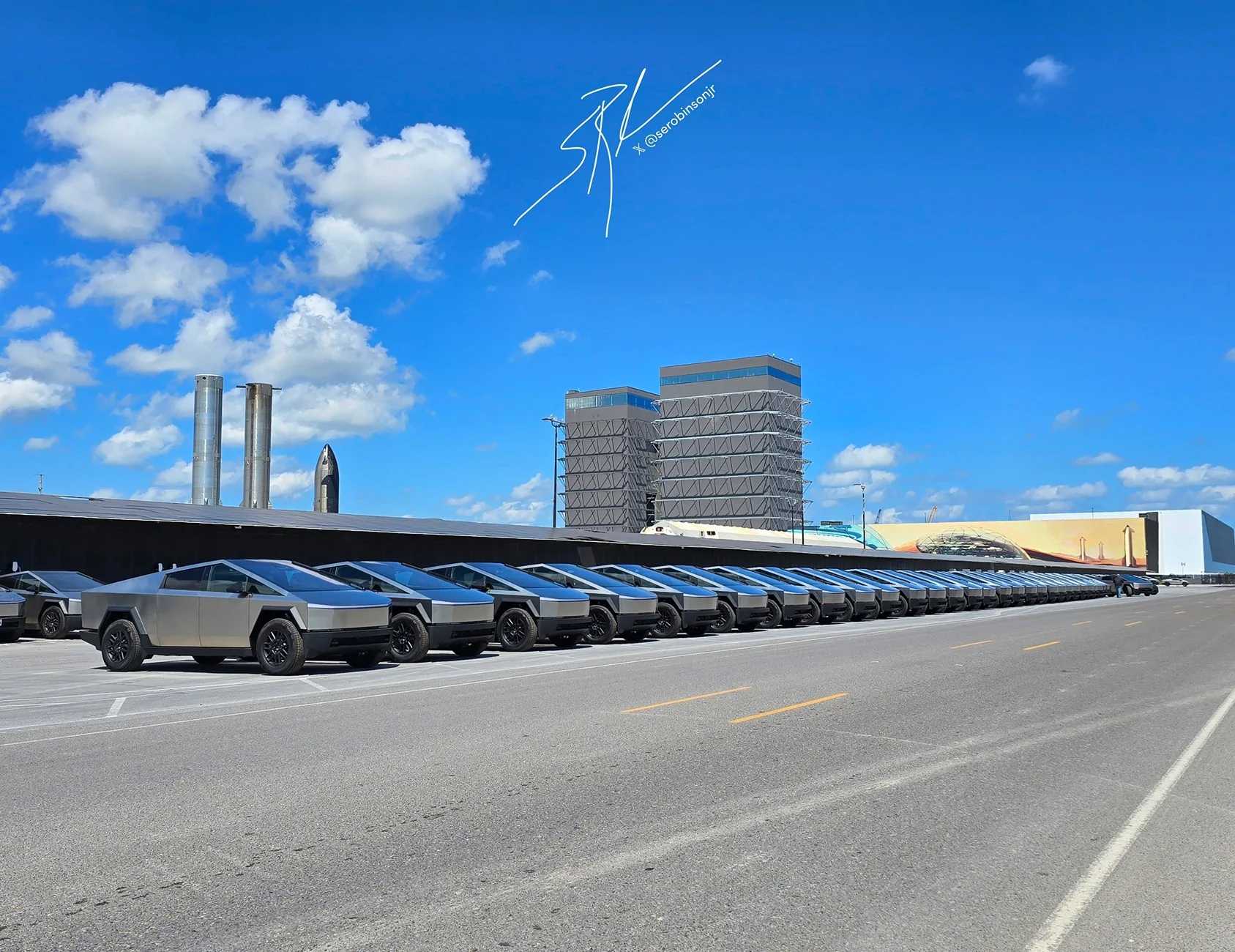 Tesla Cybertruck Starbase aka CyberTruck City now... Fleet of Cybetrucks to replace all gas work trucks G3FOofoXIAAsmH7