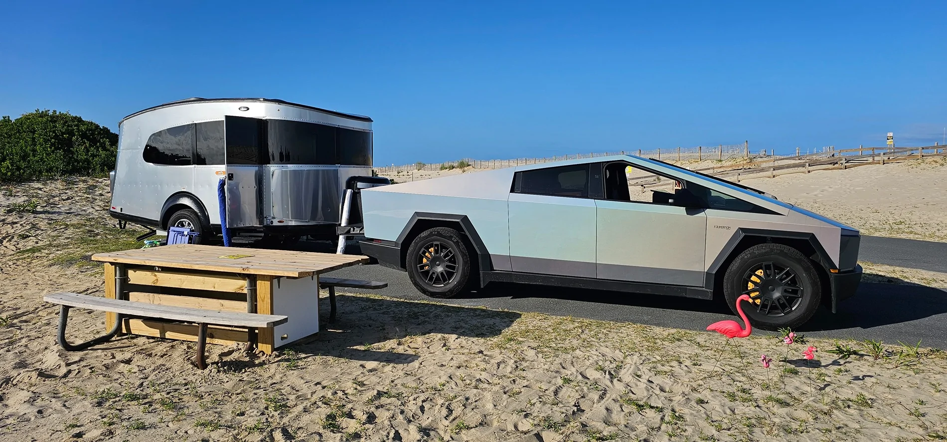 Tesla Cybertruck Preparing trailer range test with and without a wind deflector.... AirstreamBeach2025