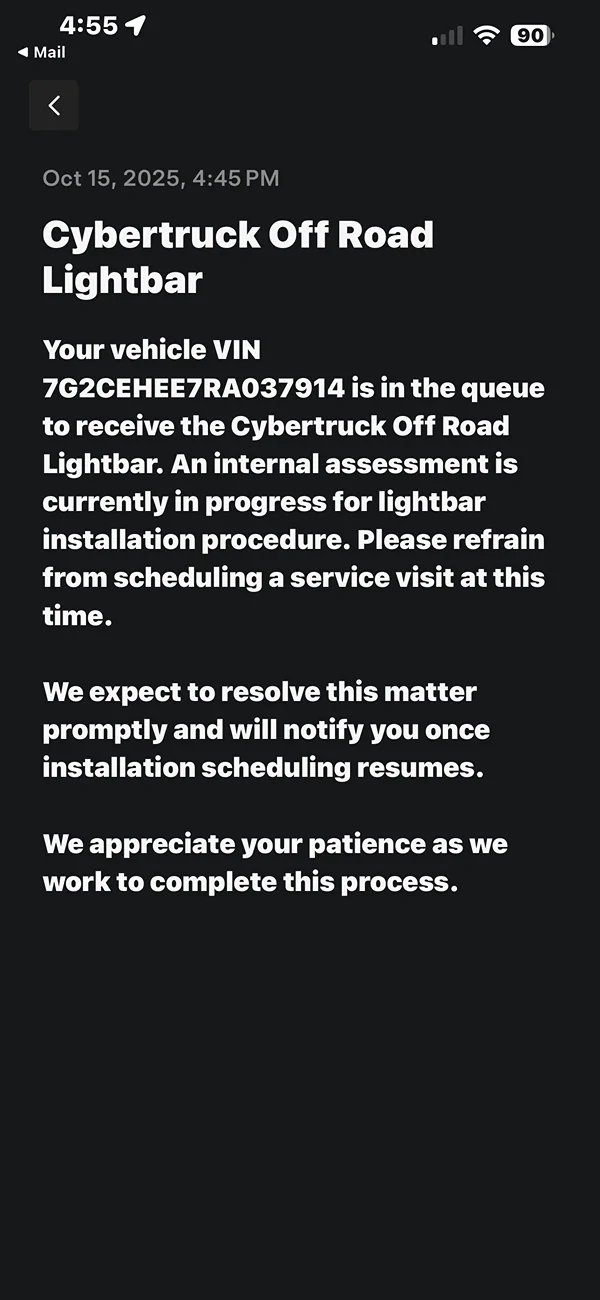 Tesla Cybertruck Light bar install delay IMG_3868