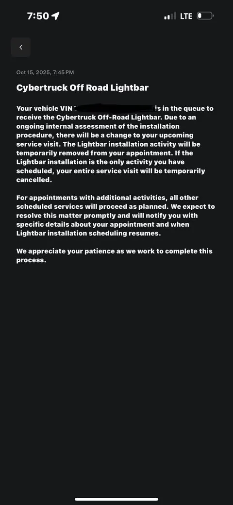 Tesla Cybertruck Breaking:  Light Bar Installs on Hold Confirmed by Tesla 557605067_1473767600556900_924005398621161918_n