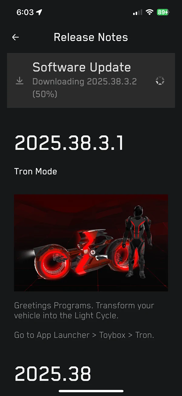 Tesla Cybertruck Update 2025.38.3 with Tron coming in hot IMG_1182