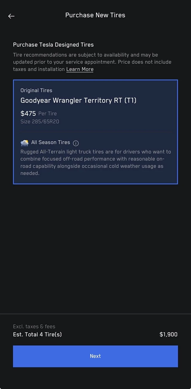 Tesla Cybertruck Tire replacement can now be ordered directly in Tesla App (Service Tab) IMG_0773