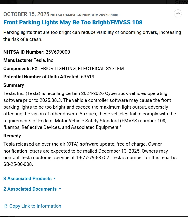 Tesla Cybertruck Tesla recalls Cybertrucks - front parking lights may be too bright (potential vehicles affected: 63,619) 1761241754981-44