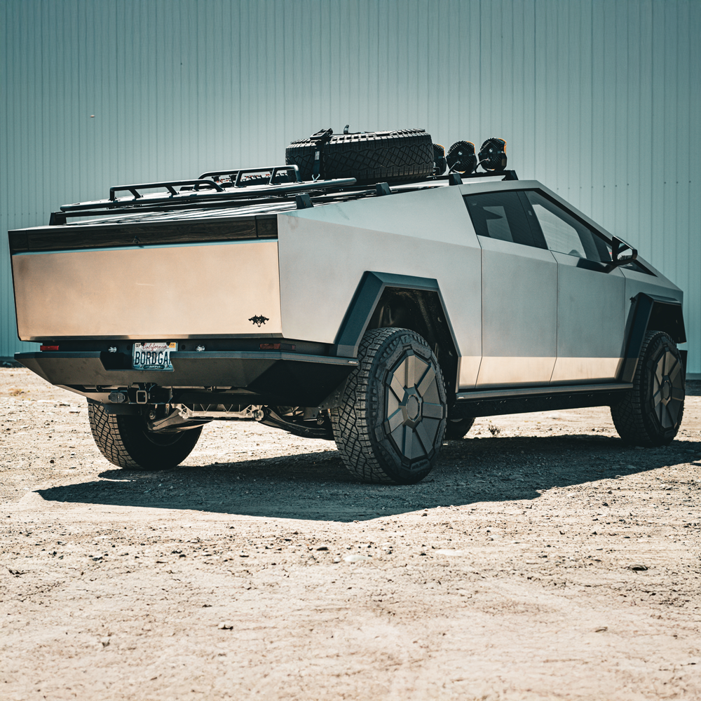 Tesla Cybertruck CybertruckCo Solar Frunk, Urander Rack 2.0, Unplugged Performanece Side Molle Sail Panels, and TSportLine CTX Front Bumper tesla-cybertruck-offroad-rear-bumper-from-cybertruuckco-15