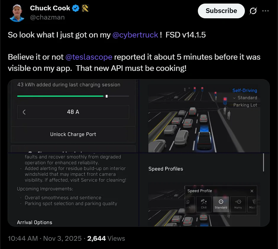 Tesla Cybertruck FSD V14 (v14.1.5) for CYBERTRUCK! See 2025.38.8.5 Update Release Notes 1762196165991-5v