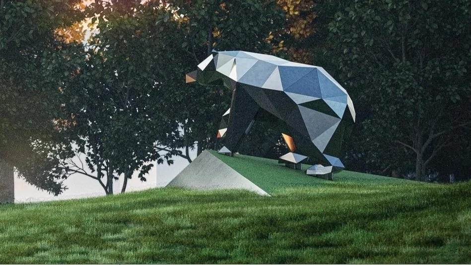 Tesla Cybertruck California Cybear / Cyberbear statue installed at Tesla Engineering HQ in Palo Alto G48ROi4asAABc_n