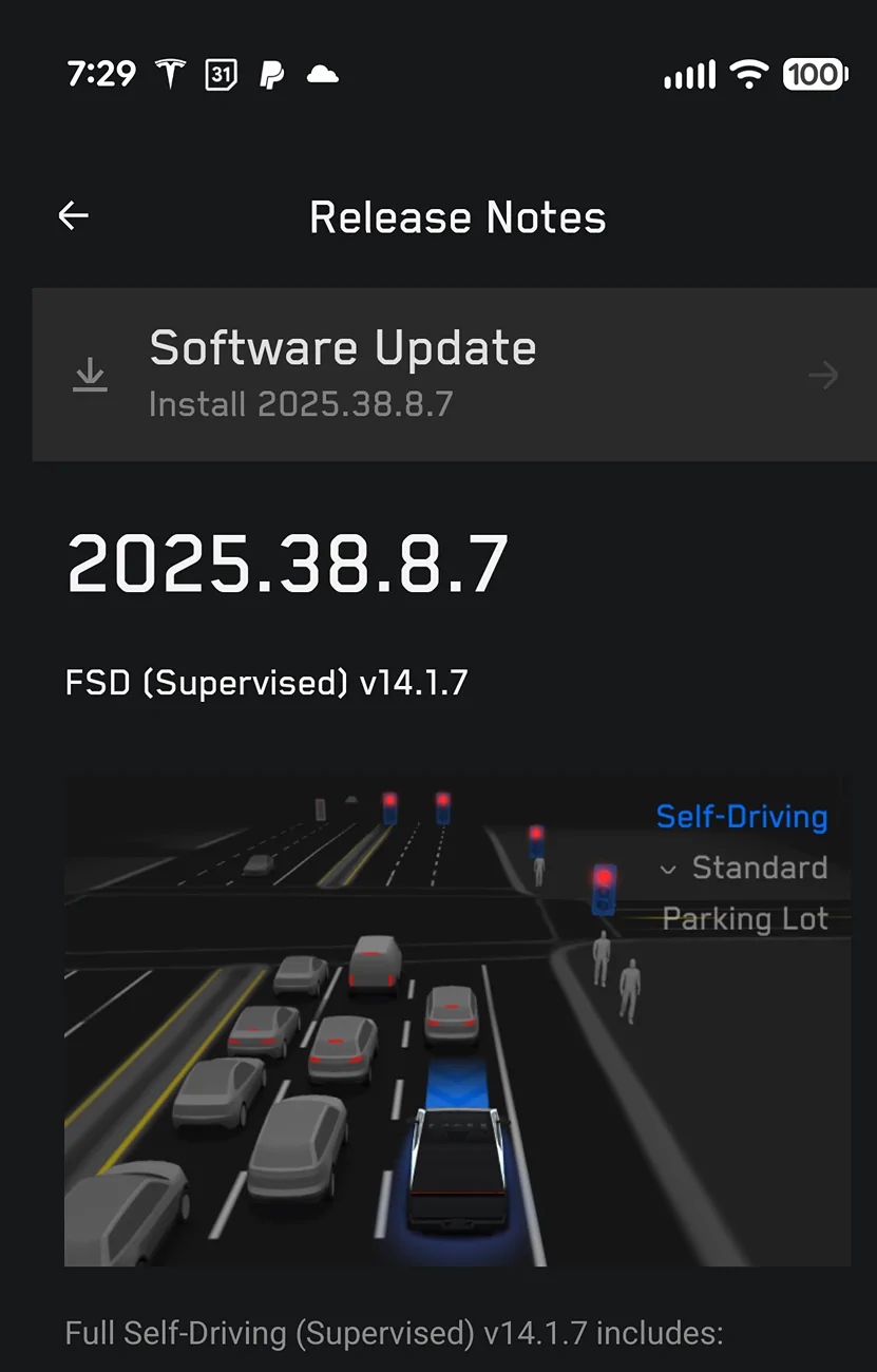 Tesla Cybertruck FSD v14.1.7 rolling out to all Cybertruck owners! Update yours yet?? Screenshot_20251113-072940