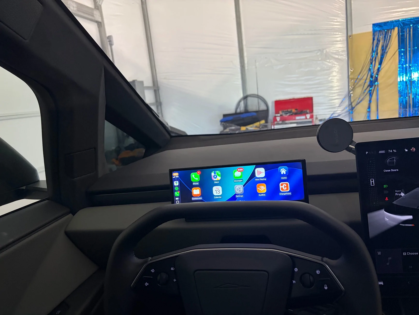 Tesla Cybertruck Installing dash screen and streaming rearview mirror IMG_4355