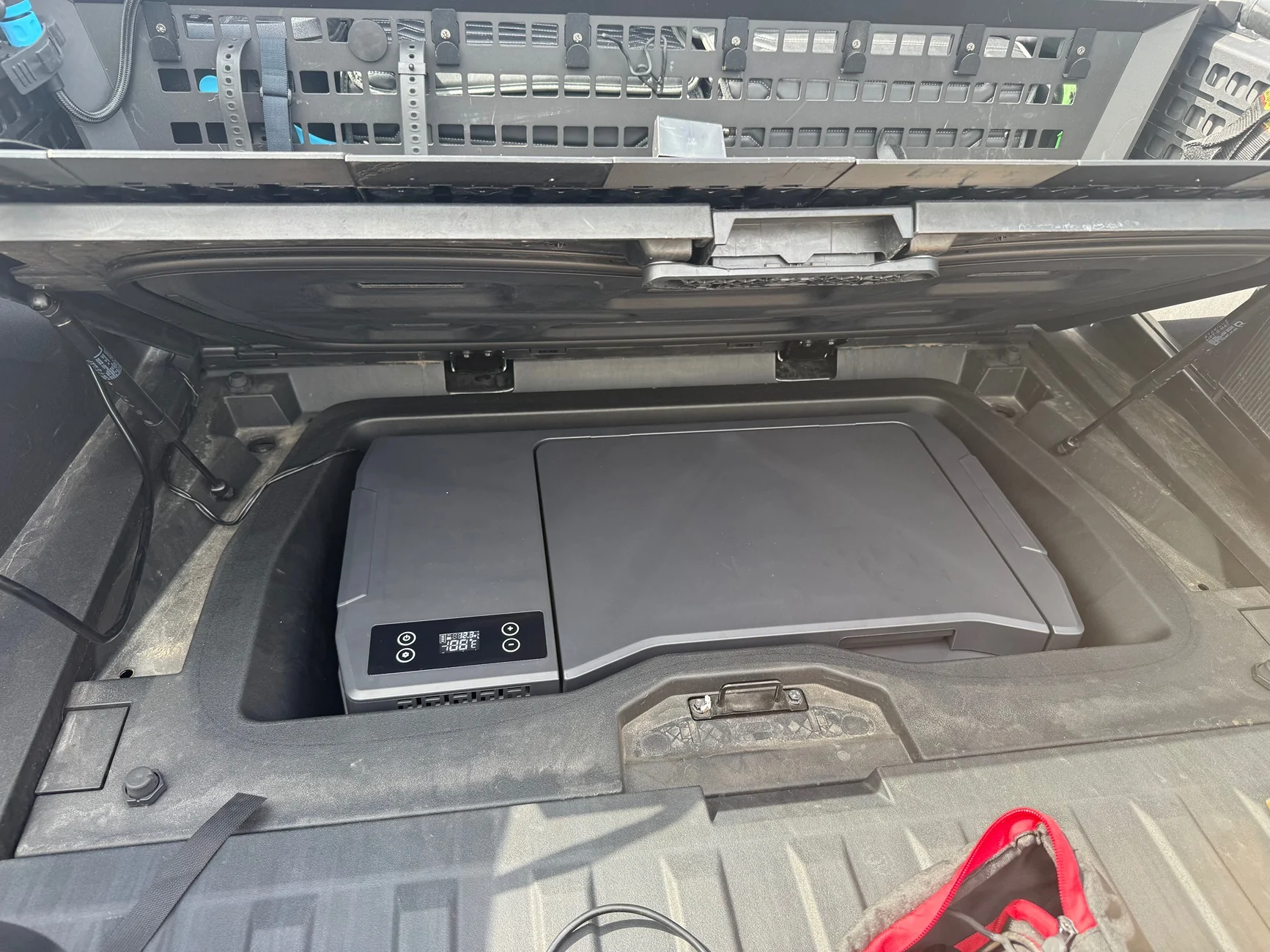 Tesla Cybertruck $63 Spare Tire Carrier Sling DIY – 15 min install, full 6 ft bed length + vault closes perfectly IMG_6464