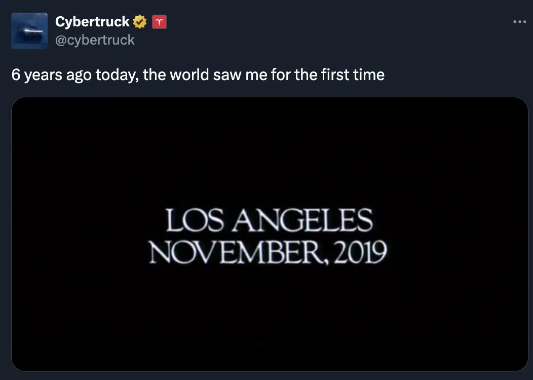 Tesla Cybertruck Wow 6 Year Anniversary already of Cybertruck reveal (November 21, 2019) Screenshot 2025-11-22 at 12.45.49 PM