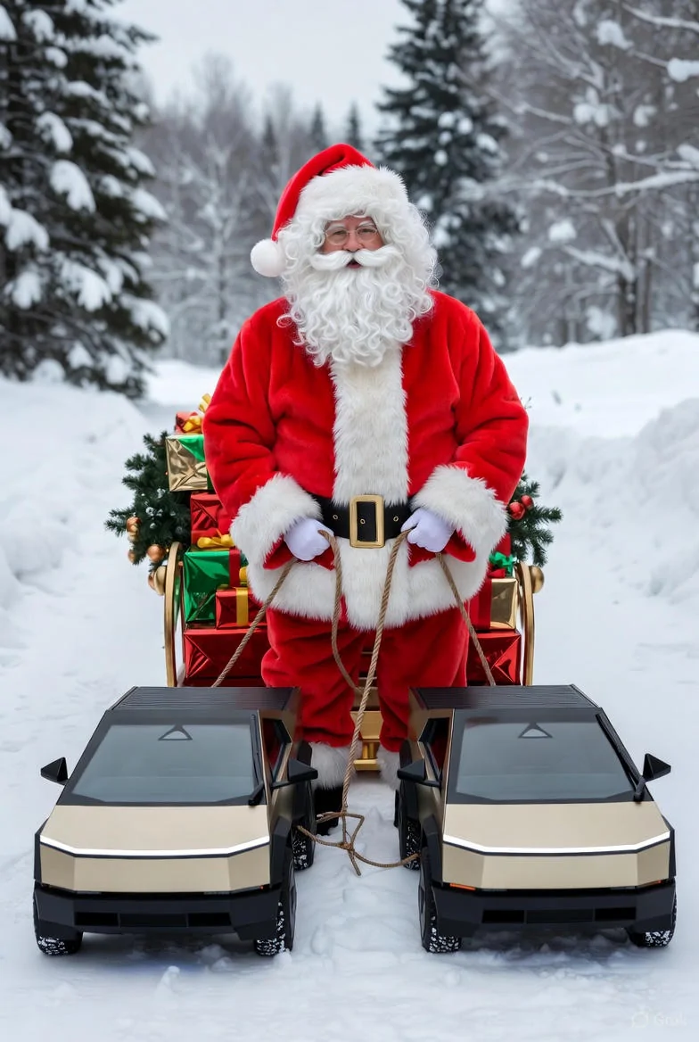Tesla Cybertruck HO HO Holiday ideas. grok_image_30qyll