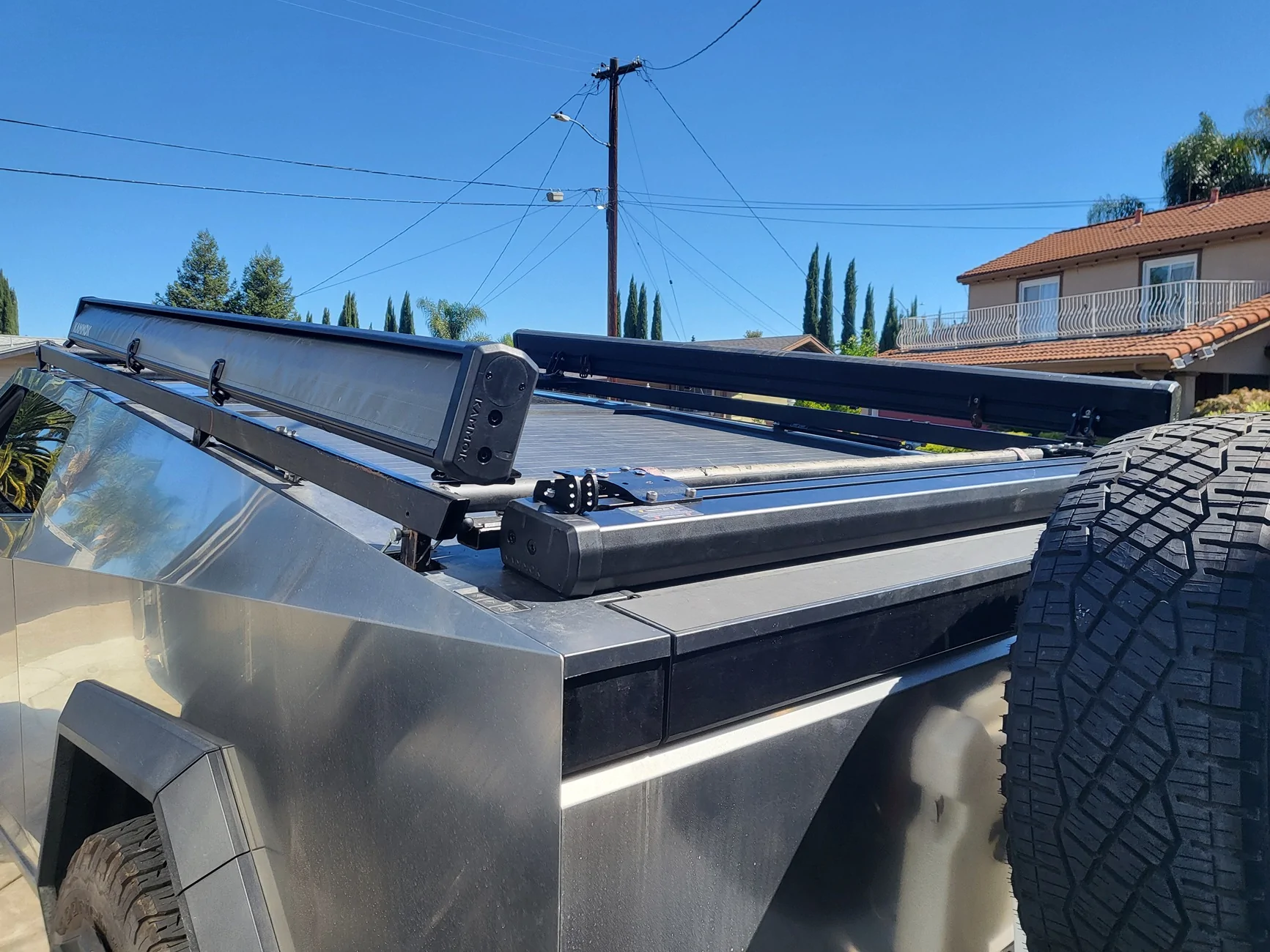 Tesla Cybertruck Kammock awnings installed on three sides of bed vault 20251005_130523