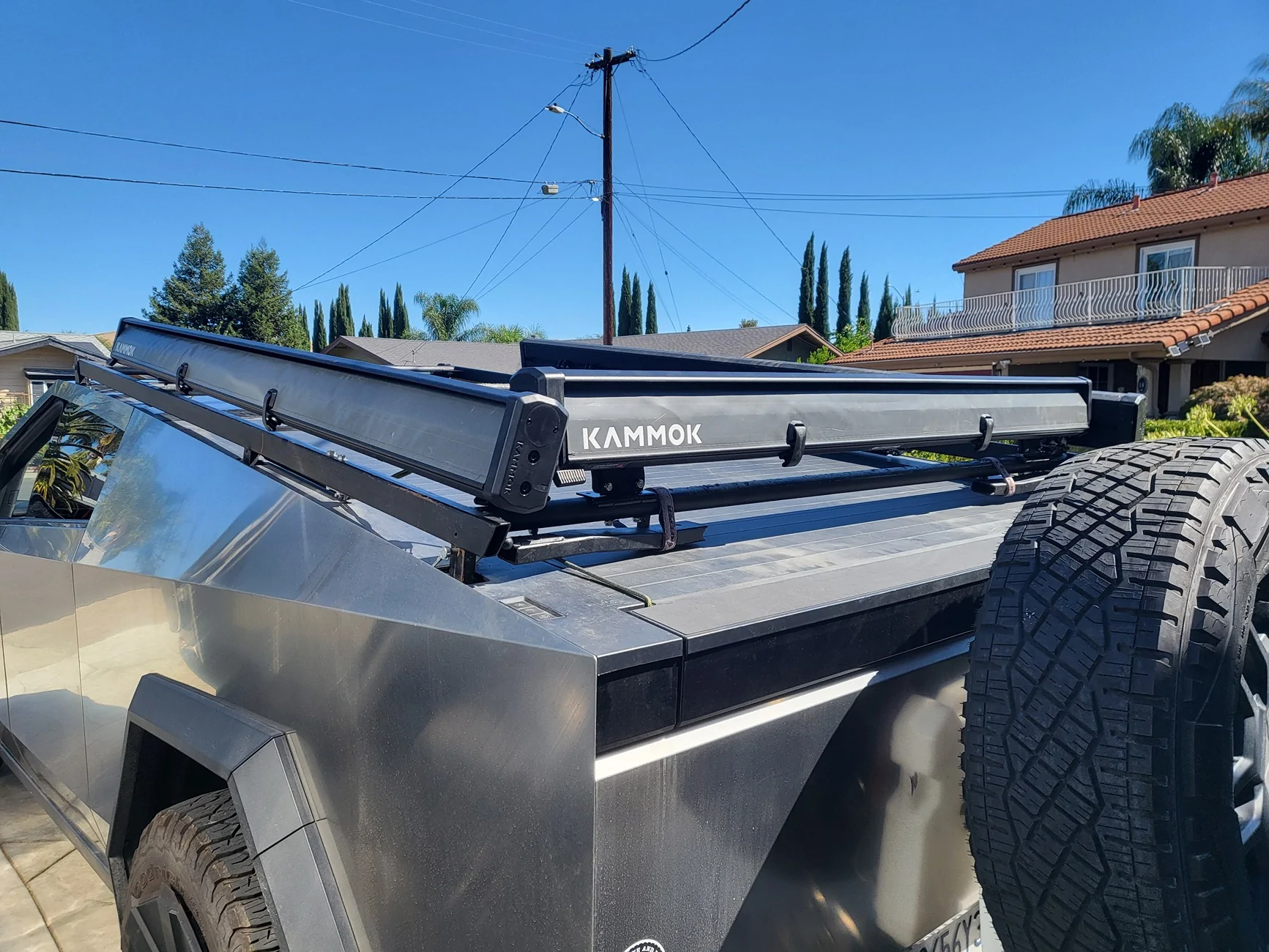 Tesla Cybertruck Kammock awnings installed on three sides of bed vault 20251005_130225