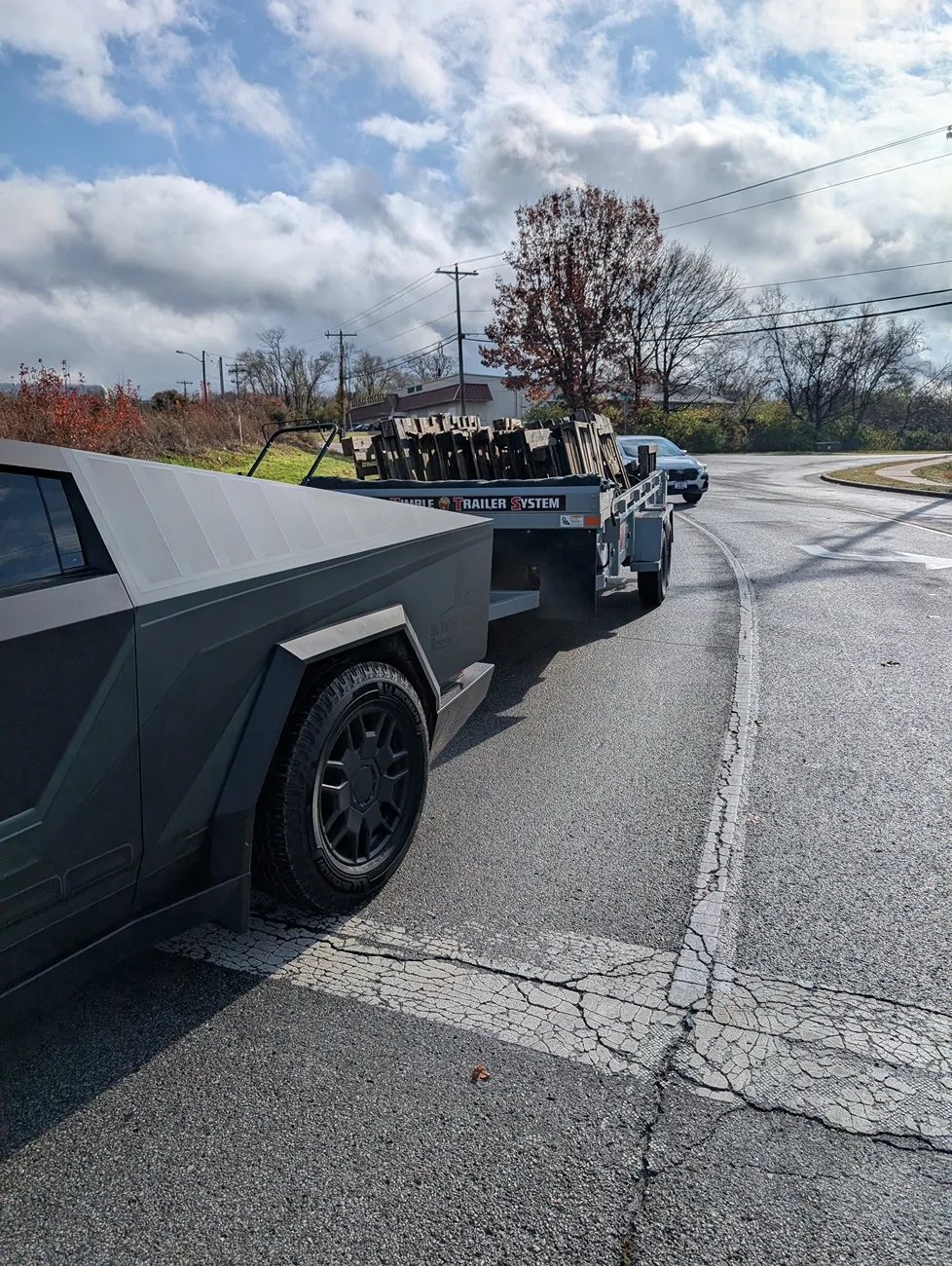 Tesla Cybertruck I love my work truck! Pulled an Ant Trailer full of pallets PXL_20251121_155531637