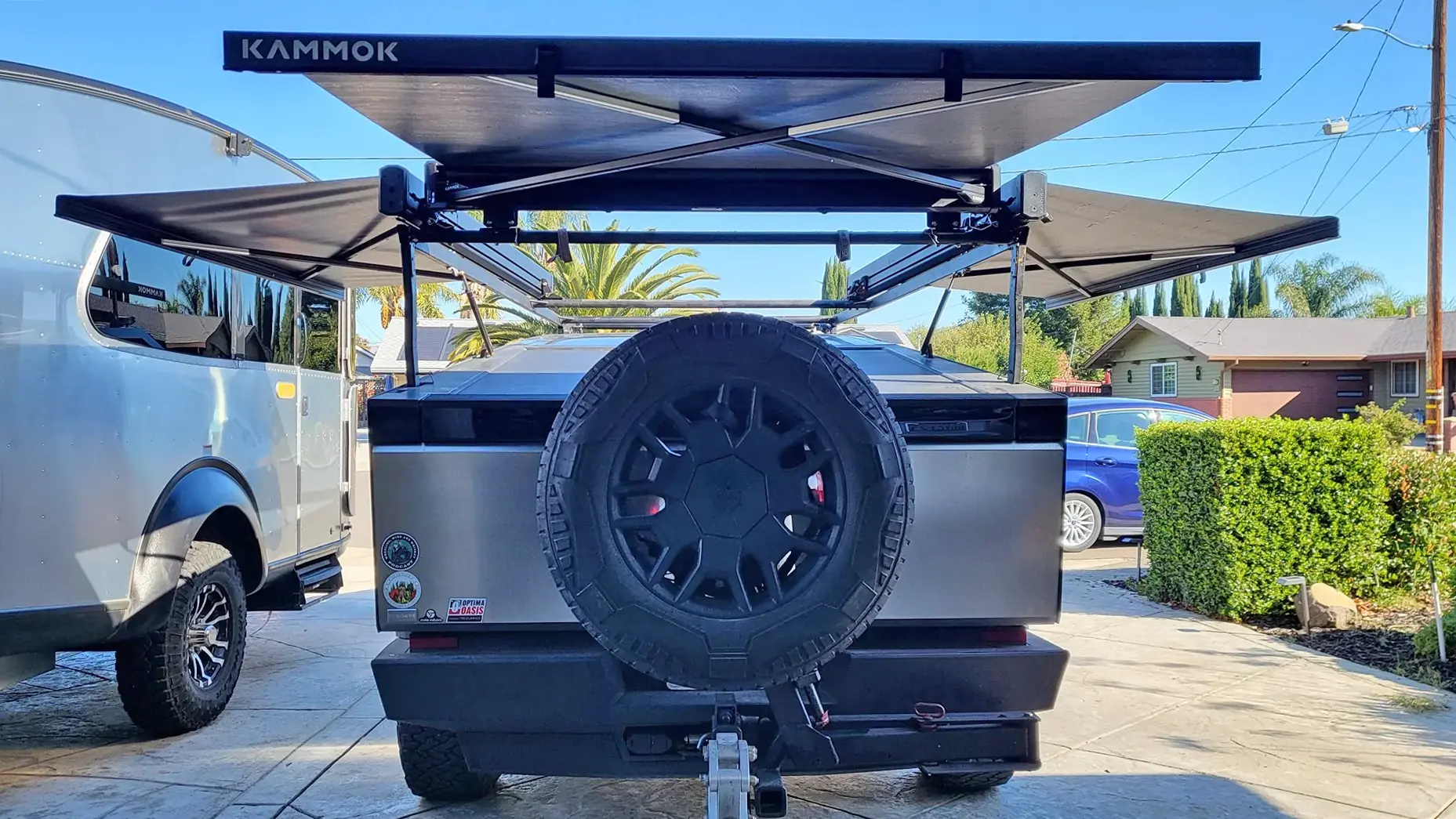 Tesla Cybertruck Kammock awnings installed on three sides of bed vault 20251005_130225