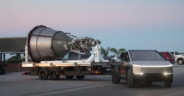 Tesla Cybertruck Cybertruck vault used as mobile launch platform for Skydio F10 drone video-cybertruck-towing-gigantic-starship-engine