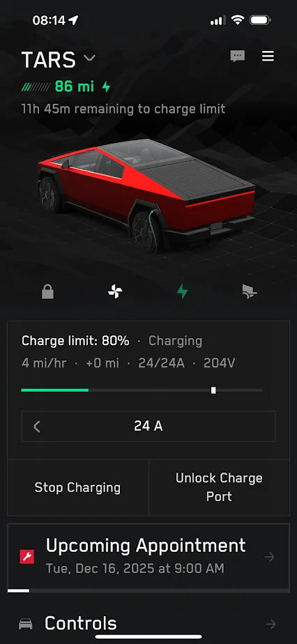 Tesla Cybertruck Charging reduced to 24 A. 1764694283835-mi